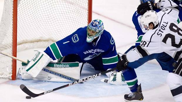 Luongo makes a save versus the Kings. Luongo makes a save versus the Kings.