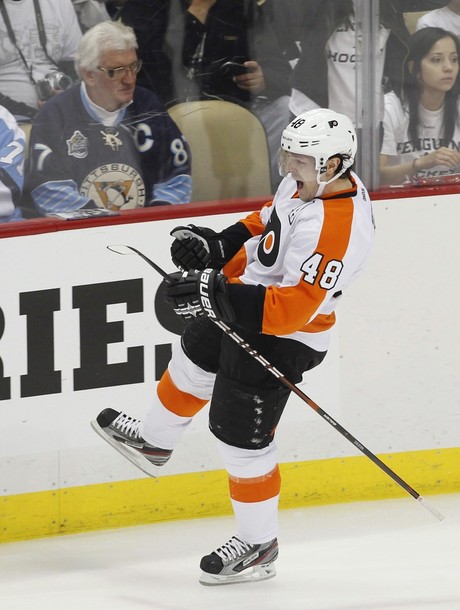 Philadelphia Flyers' Briere celebrates his goal against the Pittsburgh Penguins during their NHL Eastern Conference quarter-final hockey game in Pittsburgh Briere Celebrates his goal against Pittsburgh